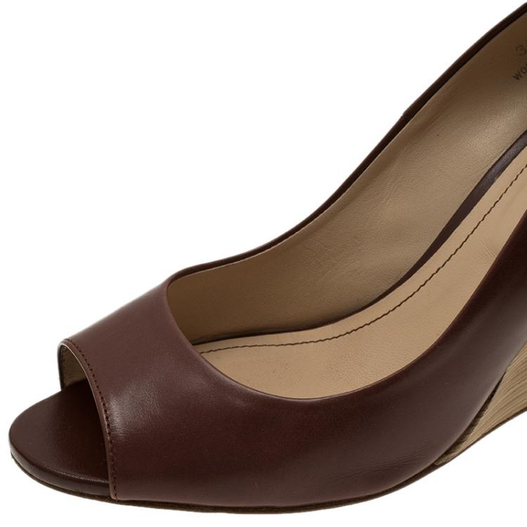 Pre Owned Tod's Brown Leather Peep Toe Wedge Pumps Size 36.5