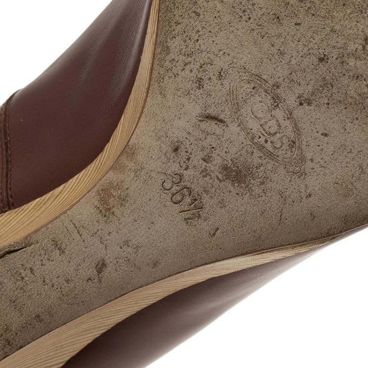 Pre Owned Tod's Brown Leather Peep Toe Wedge Pumps Size 36.5