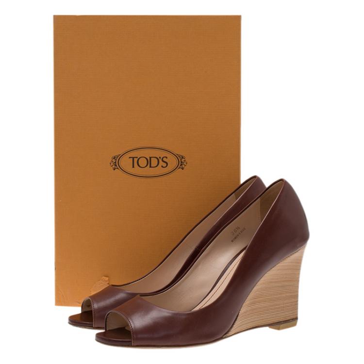 Pre Owned Tod's Brown Leather Peep Toe Wedge Pumps Size 36.5