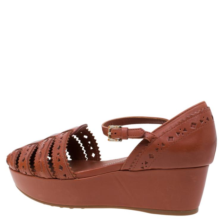 Pre Owned Tod's Brown Cutout Leather Ankle Strap Wedge Sandals Size 39