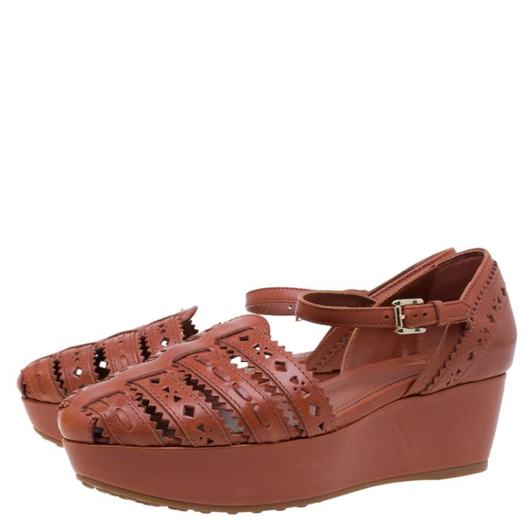 Pre Owned Tod's Brown Cutout Leather Ankle Strap Wedge Sandals Size 39
