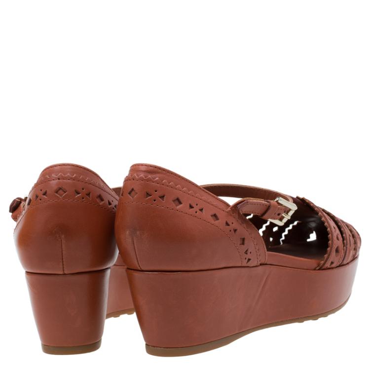 Pre Owned Tod's Brown Cutout Leather Ankle Strap Wedge Sandals Size 39