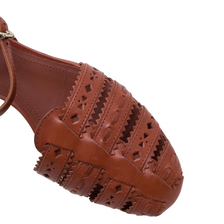 Pre Owned Tod's Brown Cutout Leather Ankle Strap Wedge Sandals Size 39