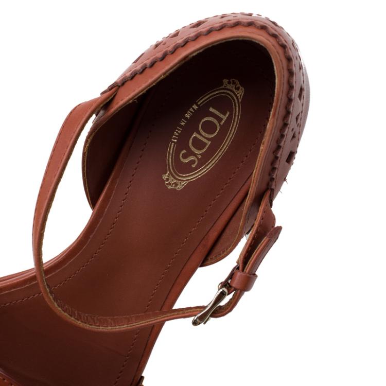 Pre Owned Tod's Brown Cutout Leather Ankle Strap Wedge Sandals Size 39