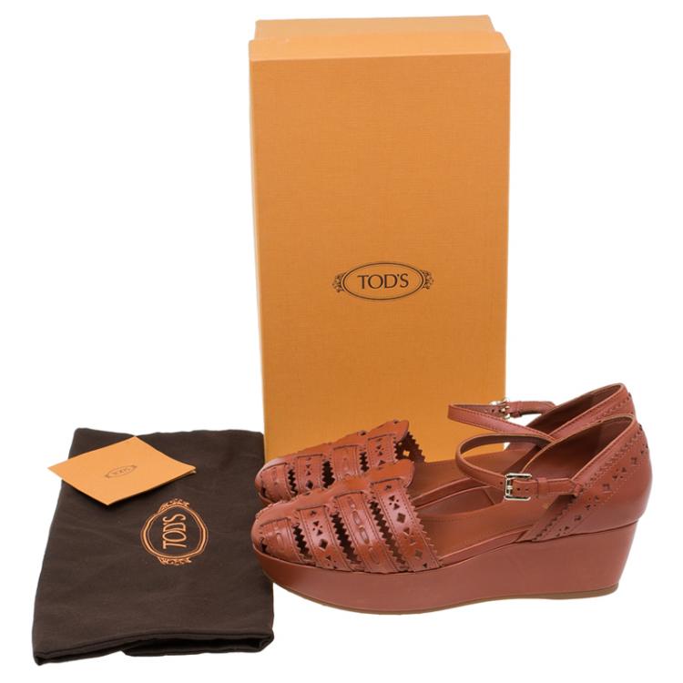 Pre Owned Tod's Brown Cutout Leather Ankle Strap Wedge Sandals Size 39
