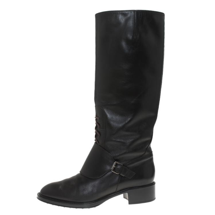 Pre Owned Tod's Black Leather Lace Up Knee Boots Size 38.5