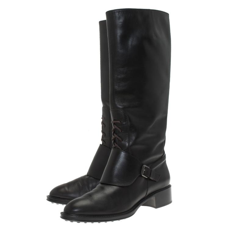 Pre Owned Tod's Black Leather Lace Up Knee Boots Size 38.5