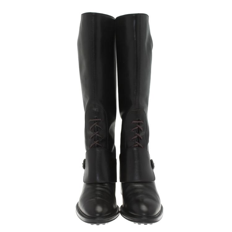 Pre Owned Tod's Black Leather Lace Up Knee Boots Size 38.5