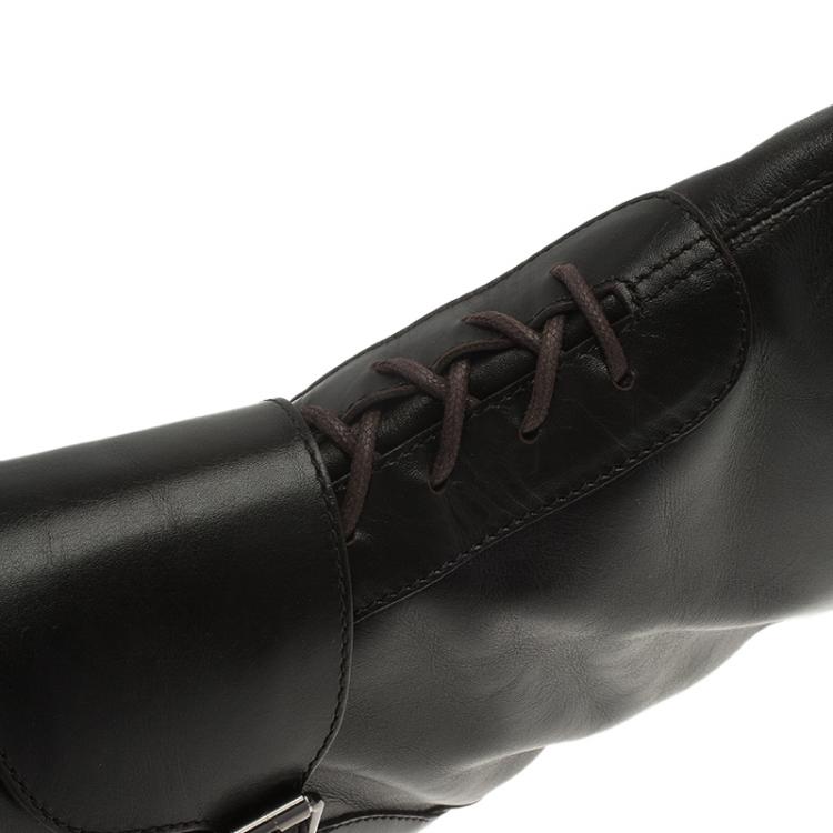 Pre Owned Tod's Black Leather Lace Up Knee Boots Size 38.5