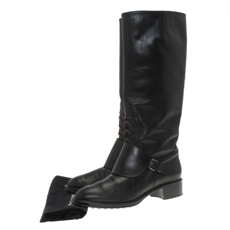 Pre Owned Tod's Black Leather Lace Up Knee Boots Size 38.5