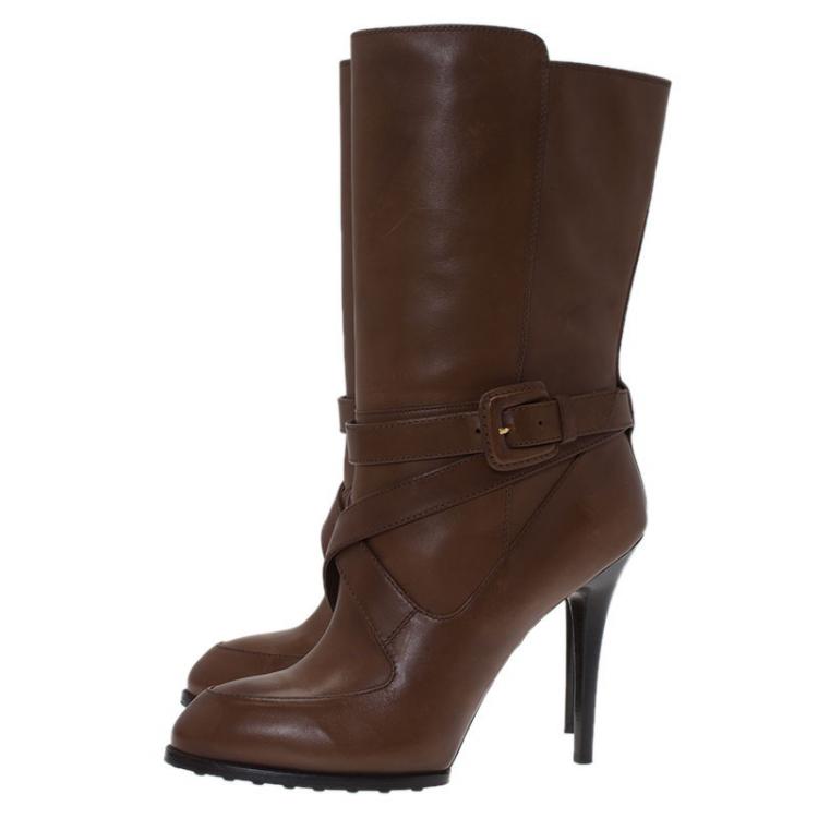 Pre Owned Tod's Brown Leather Buckle Mid Calf Boots Size 40
