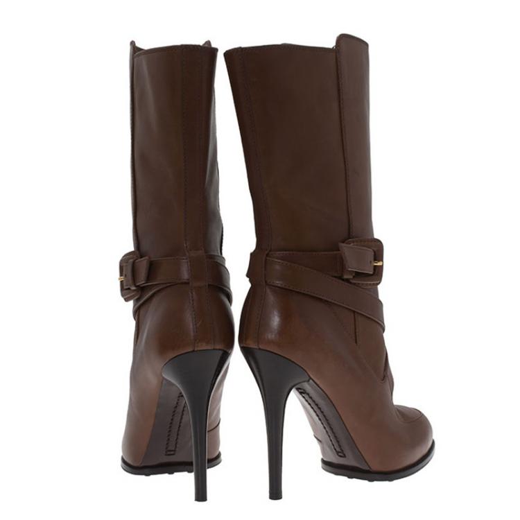 Pre Owned Tod's Brown Leather Buckle Mid Calf Boots Size 40