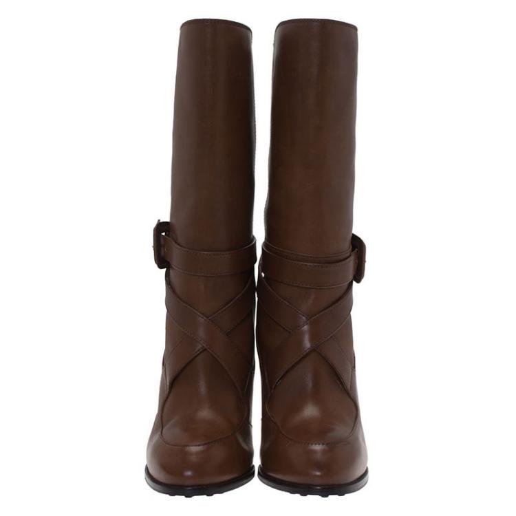 Pre Owned Tod's Brown Leather Buckle Mid Calf Boots Size 40