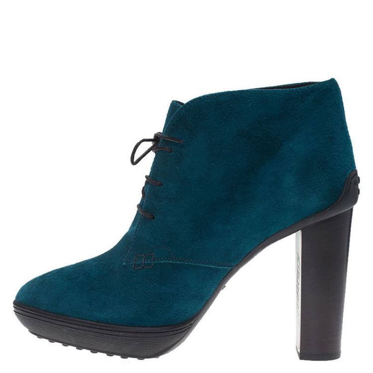 Pre Owned Tod's Turquoise Suede Lace Up Ankle Boots Size 40