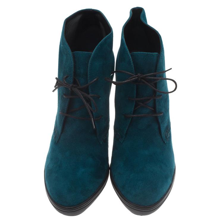 Pre Owned Tod's Turquoise Suede Lace Up Ankle Boots Size 40