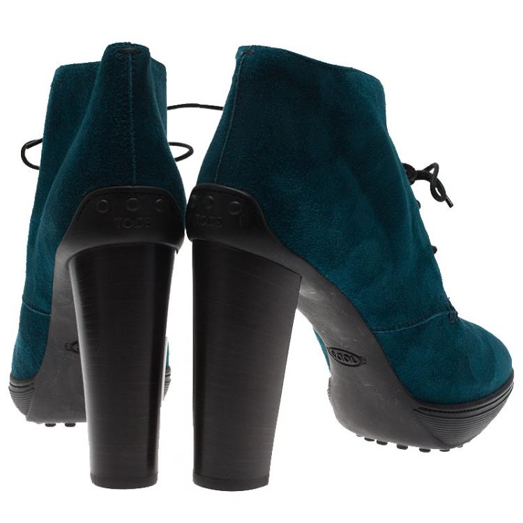 Pre Owned Tod's Turquoise Suede Lace Up Ankle Boots Size 40
