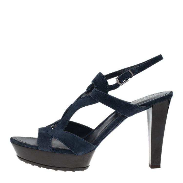 مملوكة مسبقًا Tod's Navy  Blue Cutout Suede Platform Sandals Size 39.5