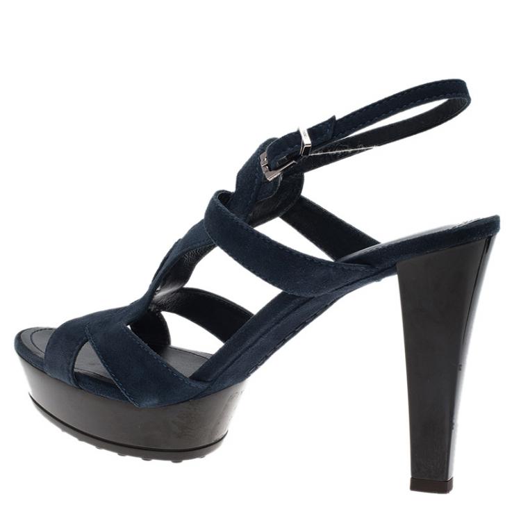 مملوكة مسبقًا Tod's Navy  Blue Cutout Suede Platform Sandals Size 39.5