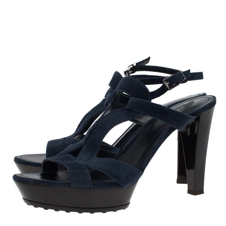 مملوكة مسبقًا Tod's Navy  Blue Cutout Suede Platform Sandals Size 39.5
