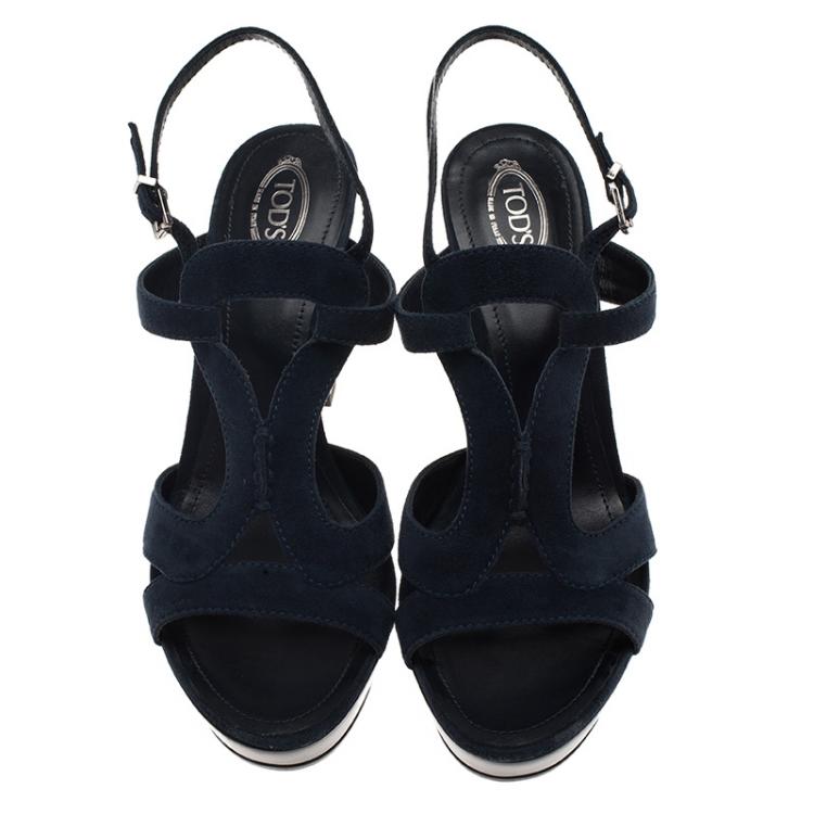 مملوكة مسبقًا Tod's Navy  Blue Cutout Suede Platform Sandals Size 39.5