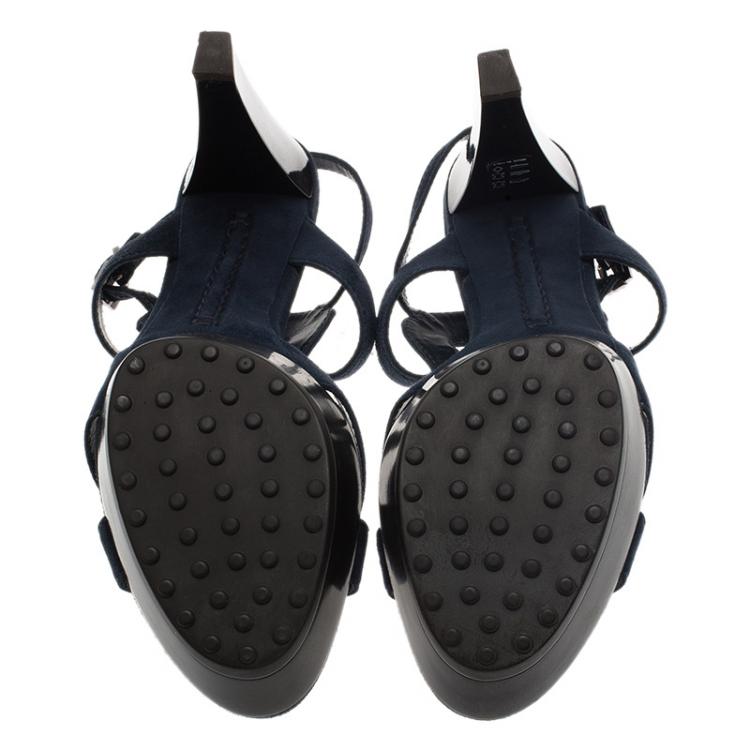 مملوكة مسبقًا Tod's Navy  Blue Cutout Suede Platform Sandals Size 39.5