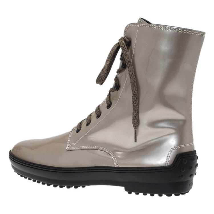 Pre Owned Tod's Beige Metallic Leather Lace Up Combat Boots Size 39.5