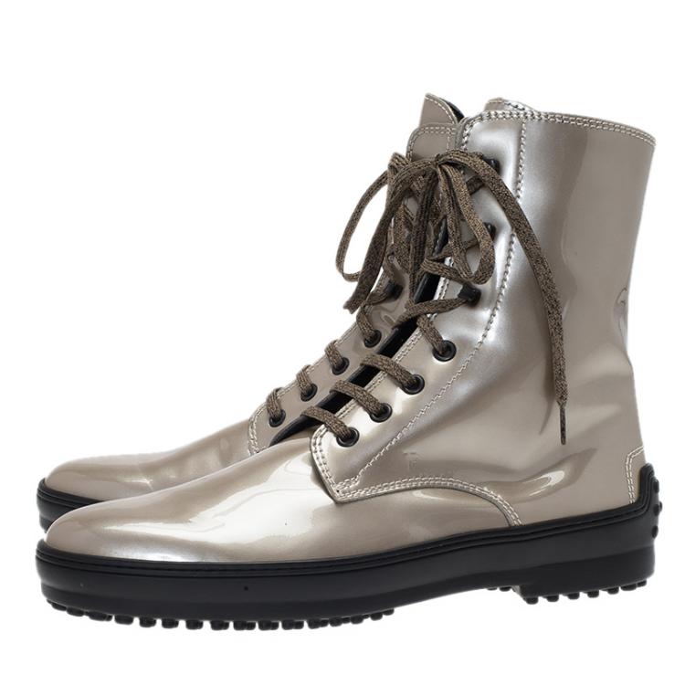 Pre Owned Tod's Beige Metallic Leather Lace Up Combat Boots Size 39.5