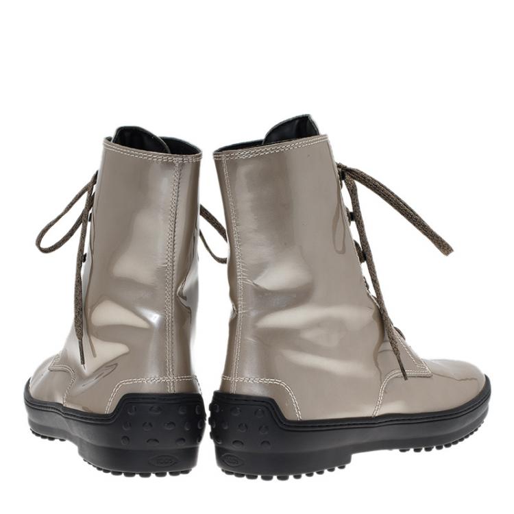 Pre Owned Tod's Beige Metallic Leather Lace Up Combat Boots Size 39.5
