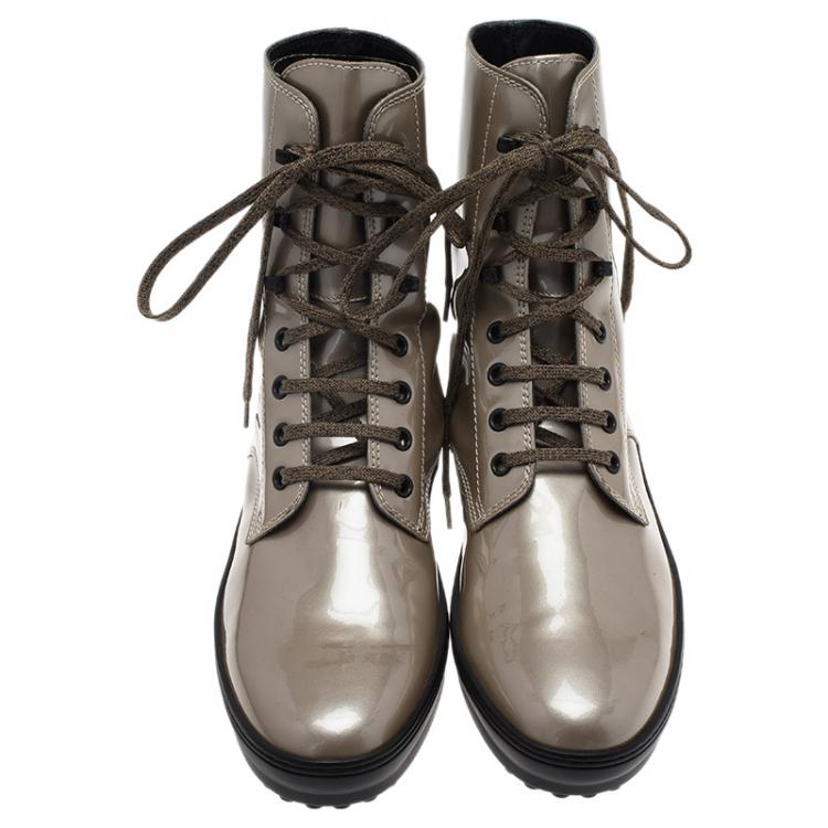 Pre Owned Tod's Beige Metallic Leather Lace Up Combat Boots Size 39.5
