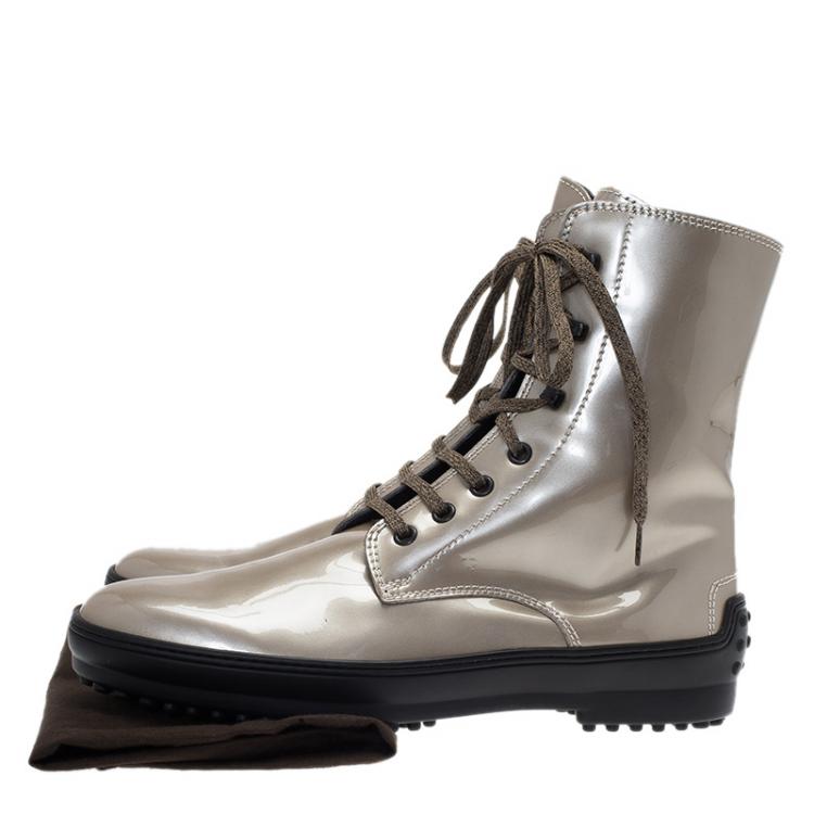 Pre Owned Tod's Beige Metallic Leather Lace Up Combat Boots Size 39.5