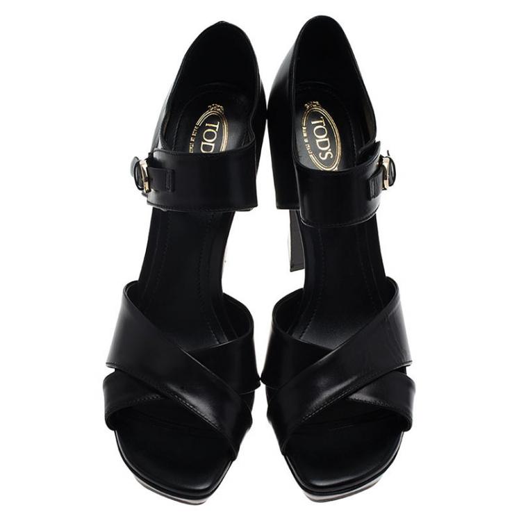 مملوكة مسبقًا Tod's Black Leather Criss Cross Mary Jane Sandals Size 38.5