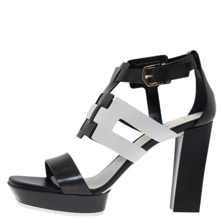 Pre Owned Tod's Black and White Cut Out Leather Sandals Size 37.5