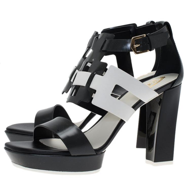 Pre Owned Tod's Black and White Cut Out Leather Sandals Size 37.5