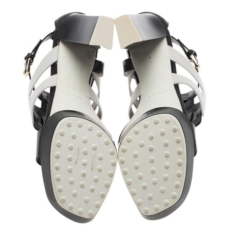 Pre Owned Tod's Black and White Cut Out Leather Sandals Size 37.5