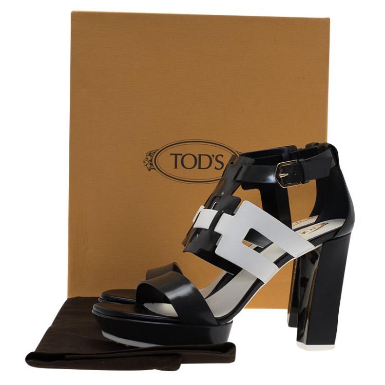 Pre Owned Tod's Black and White Cut Out Leather Sandals Size 37.5