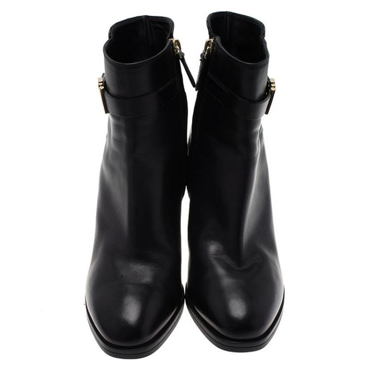 Pre Owned Tod's Black Leather Block Heel Buckle Ankle Boots Size 39