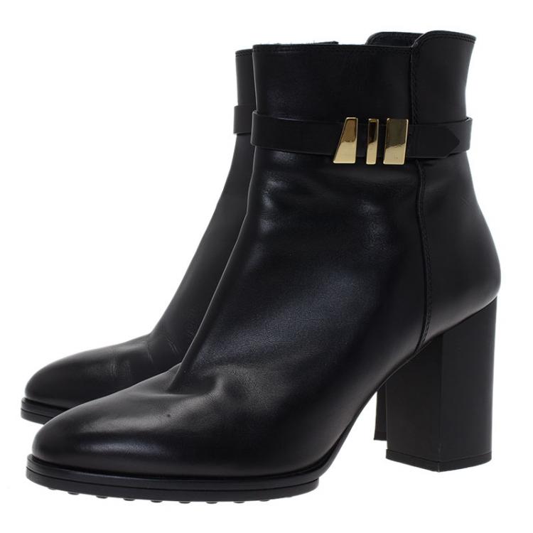 Pre Owned Tod's Black Leather Block Heel Buckle Ankle Boots Size 39