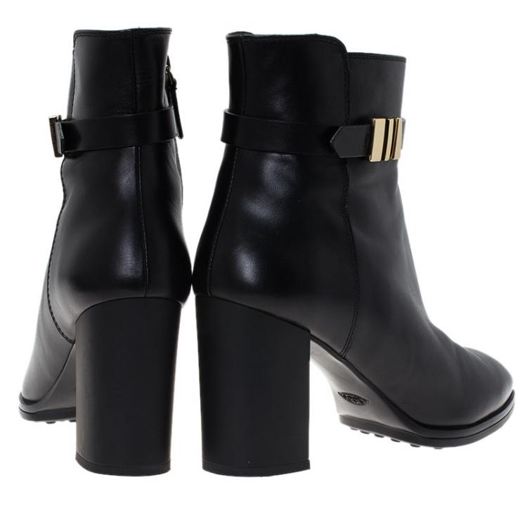 Pre Owned Tod's Black Leather Block Heel Buckle Ankle Boots Size 39