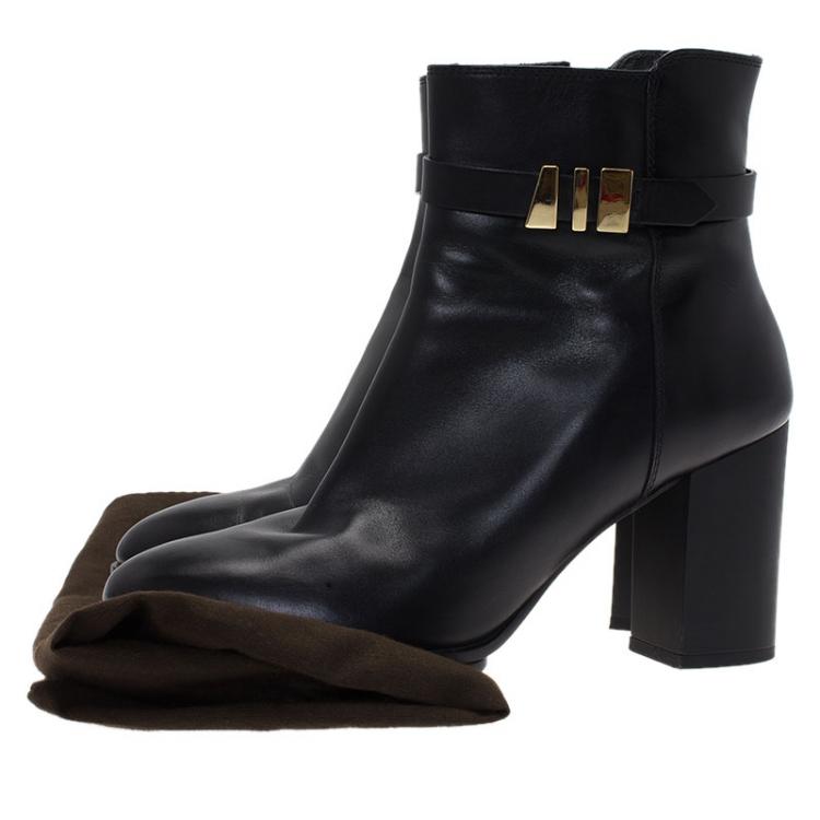Pre Owned Tod's Black Leather Block Heel Buckle Ankle Boots Size 39