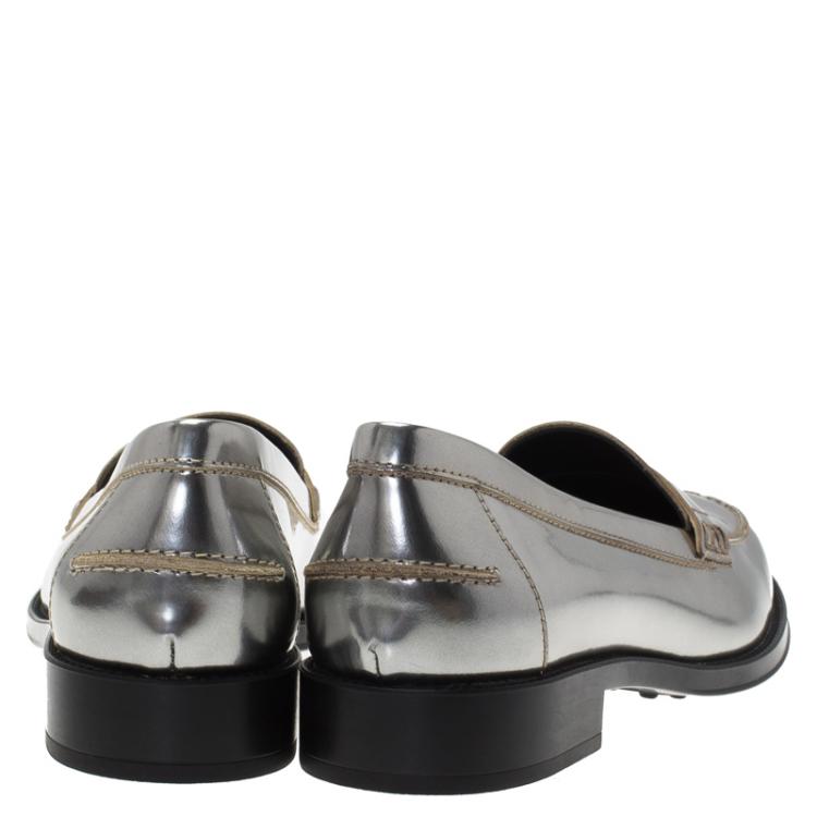 Pre Owned Tod's Silver Metallic Leather Penny Loafers Size 37.5