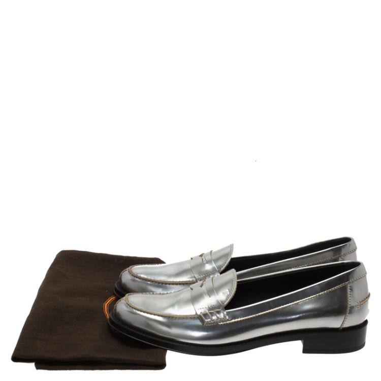 Pre Owned Tod's Silver Metallic Leather Penny Loafers Size 37.5