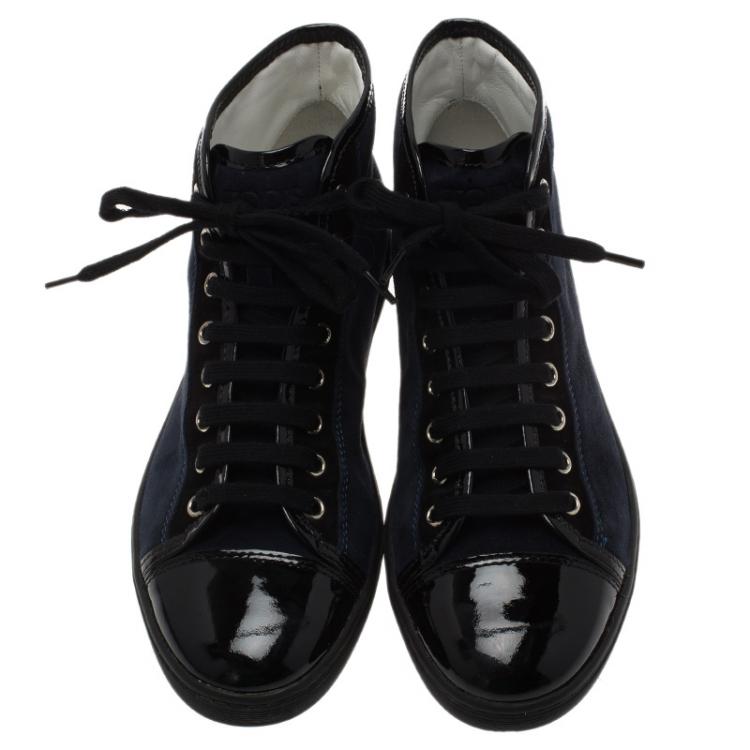 Pre Owned  Tod's Navy Blue Suede and Black Patent High Top Sneakers Size 37.5