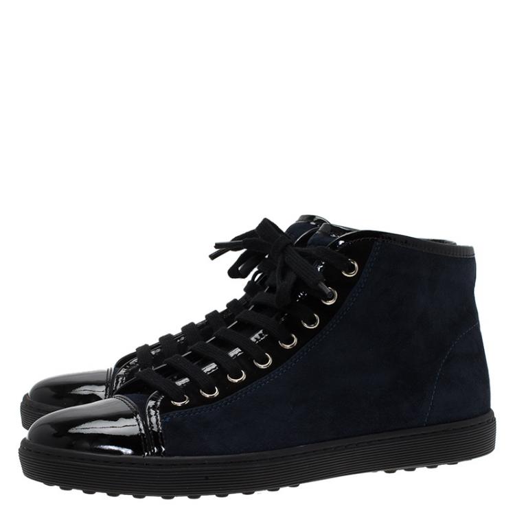 Pre Owned  Tod's Navy Blue Suede and Black Patent High Top Sneakers Size 37.5