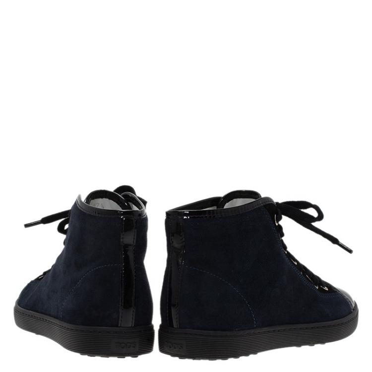 Pre Owned  Tod's Navy Blue Suede and Black Patent High Top Sneakers Size 37.5
