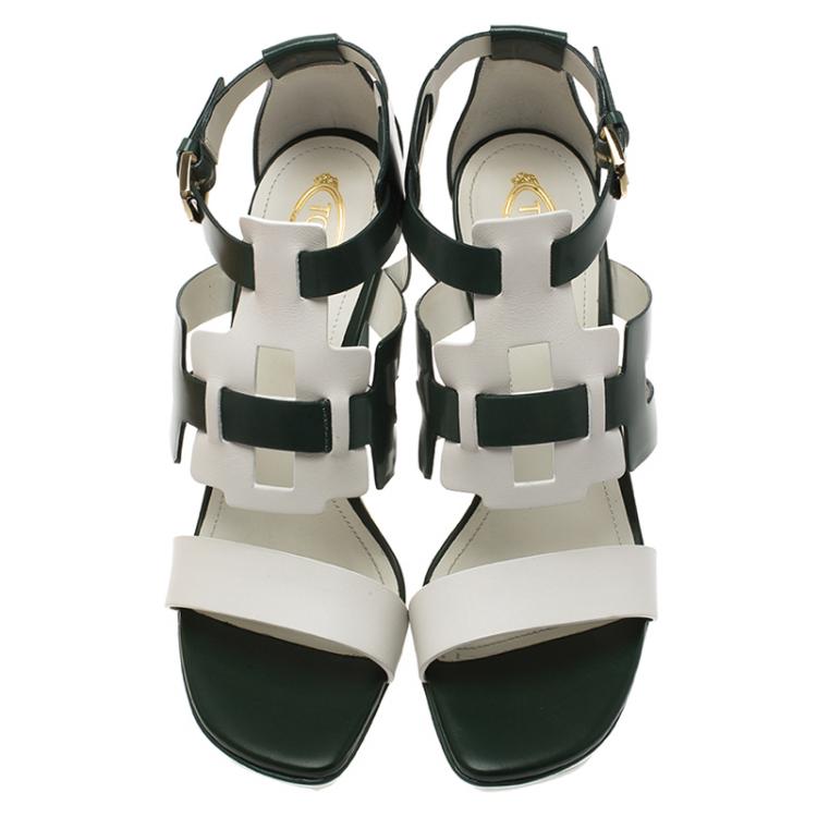 Pre Owned Tod's Green and White Leather Cutout Platform Sandals Size 38.5