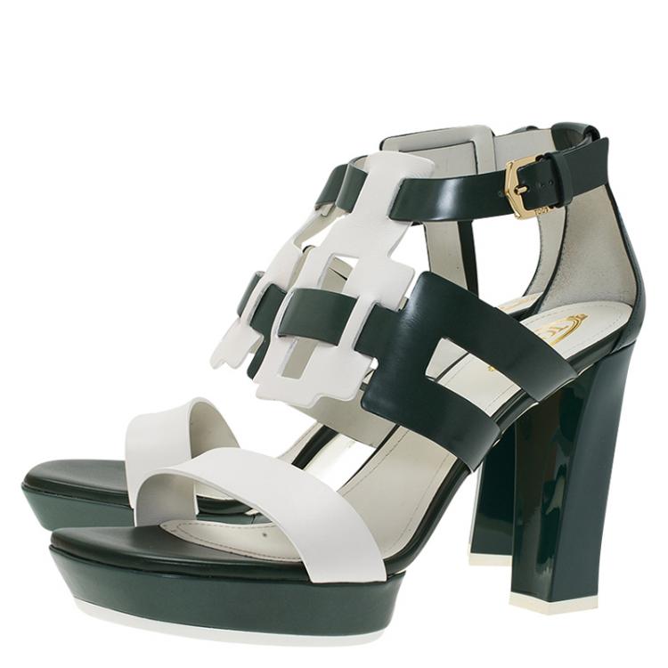 Pre Owned Tod's Green and White Leather Cutout Platform Sandals Size 38.5