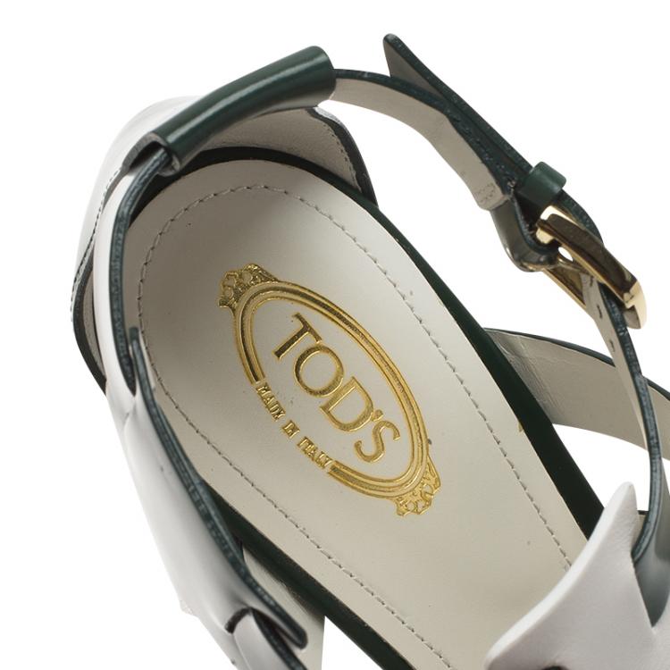 Pre Owned Tod's Green and White Leather Cutout Platform Sandals Size 38.5