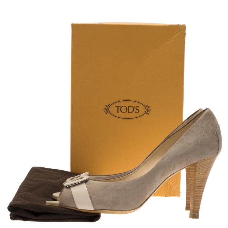 Pre Owned Tod's Beige Suede Buckle Peep Toe Pumps Size 40
