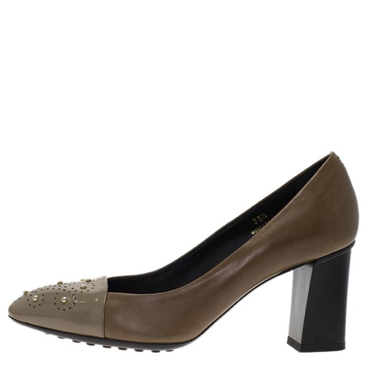 Pre Owned Tod's Brown Studded Cap Toe Leather Block Heel Pumps Size 35.5