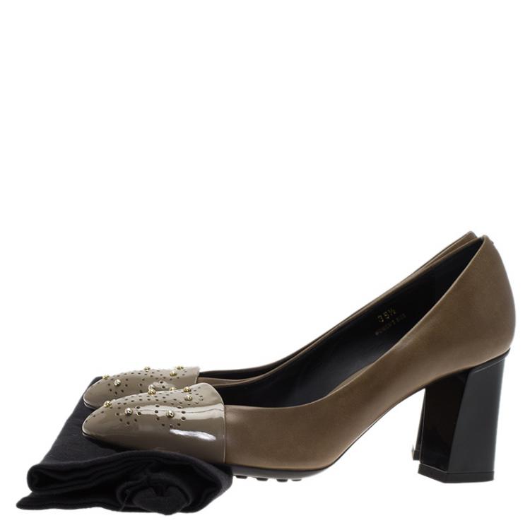 Pre Owned Tod's Brown Studded Cap Toe Leather Block Heel Pumps Size 35.5